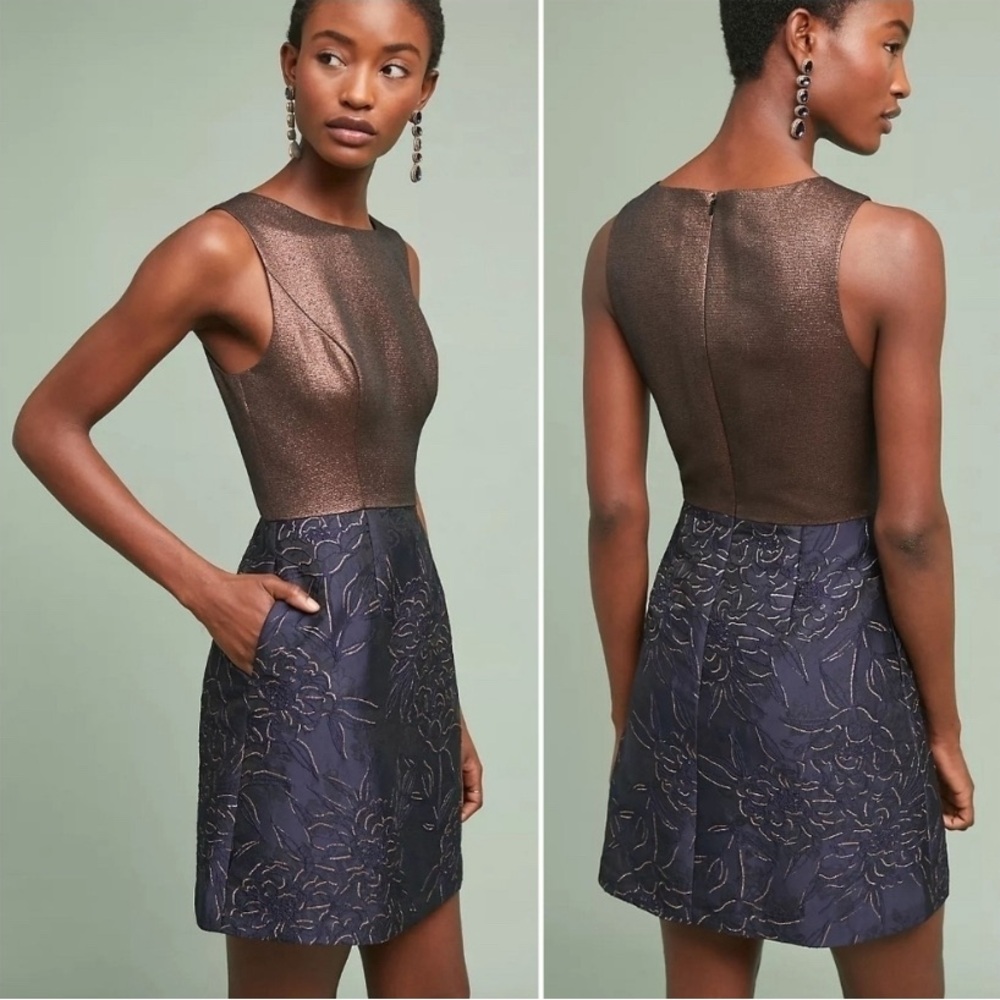 Hutch Anthropologie Lina Sleeveless Dress 14 Party Cocktail Metallic Blue Floral